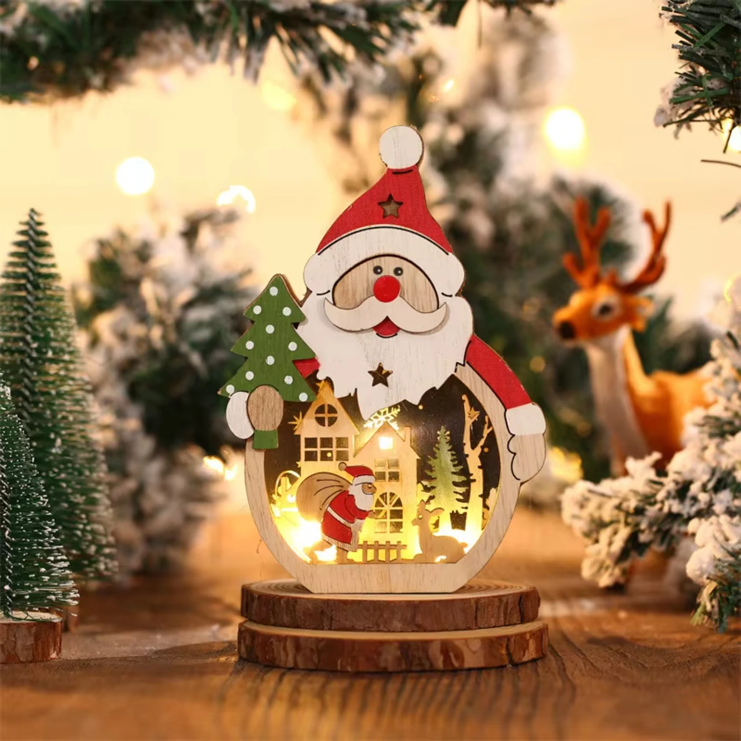 

1pcs New Luminous Santa Claus Snowman Wooden Desktop Ornaments Resin Figurines Animal Gift Christmas Tree Decoration