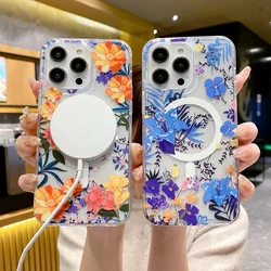 Magnetic Wireless Charging for iPhone 16 15 14 13 12 Pro Max Plus Case Floral Clear Strong Magnet Mag-Safe Cover Acrylic Shell