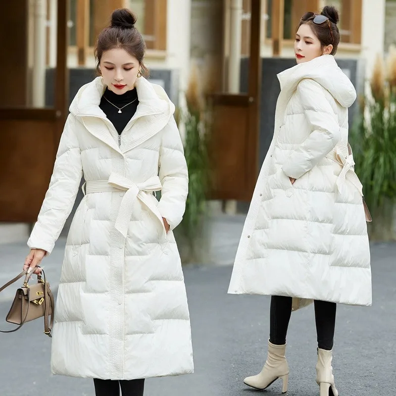 2023 Casual Winter Hooded White Duck Down Coat Women Long Warm Down Jackets Long Sleeve Zipper Streetwear Ladies Coat Solid