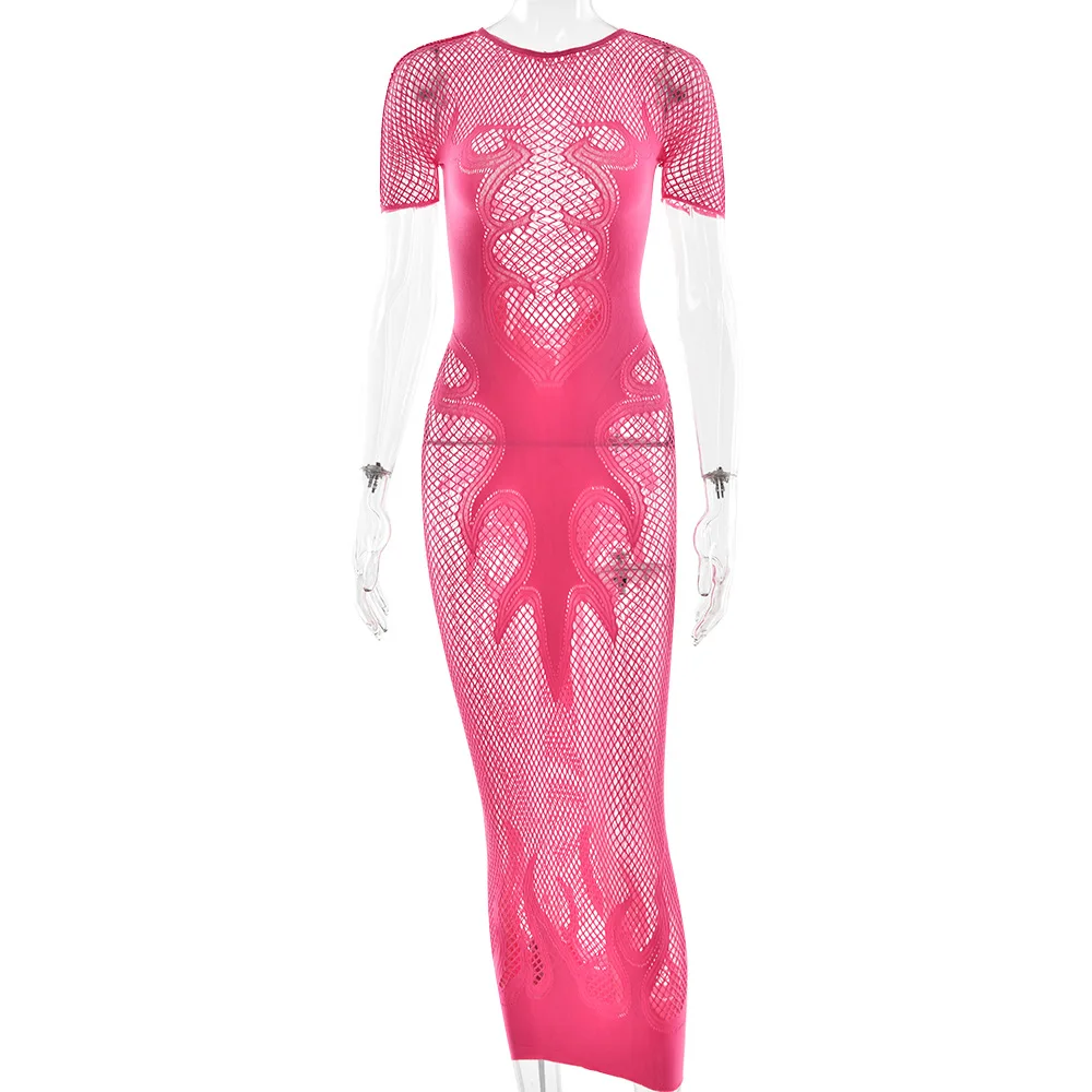 Bangniweigou Fishnet Durchsichtiges Rundhals-Midikleid für Damen, sexy Nachtparty, kurzärmelig, dünne Robe