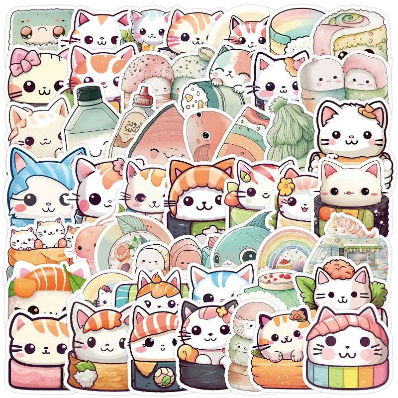 50pcs Kawaii Sushi Cat Stickers Japanese Style Cartoon Cat Waterproof Stickers Notebook Mobile Phone Stickers