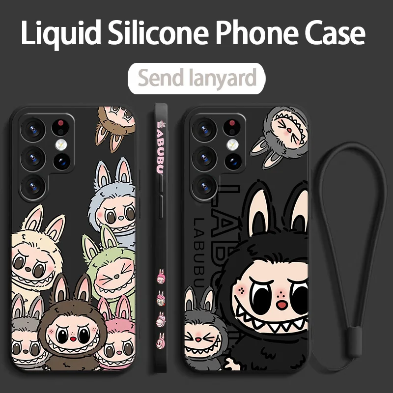 New Kawaii Cute Labubu Phone Case For Samsung S10 S20 S21 S22 S23 S24 Plus Lite Ultra FE Liquid Left Rope Funda Soft Silicone