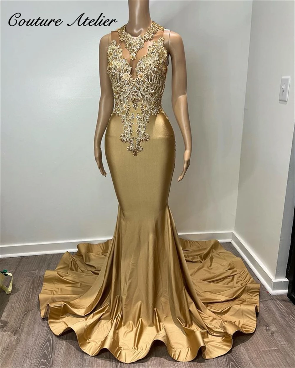 Shinning Gold Beaded AppliquesProm Dresses Mermaid Birthday Dress For Black Girls Luxury 2024 O Neck Satin Formal Occasion Dress