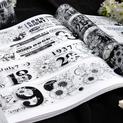 60mm*200cm Black and White Garden Series Vintage Plant Letter PET Tape Creative DIY Journal Material Collage Stationery