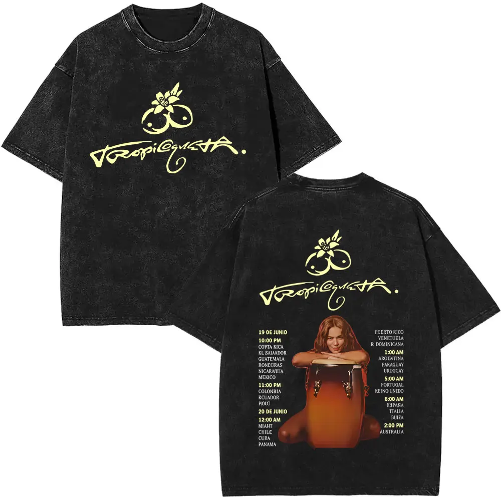 Karol G Tropicoqueta غلاف ألبوم الموسيقى 2025 خمر غسلها تي شيرت الرجال النساء عادية المتضخم تي شيرت موضة موسيقى البوب تي شيرت