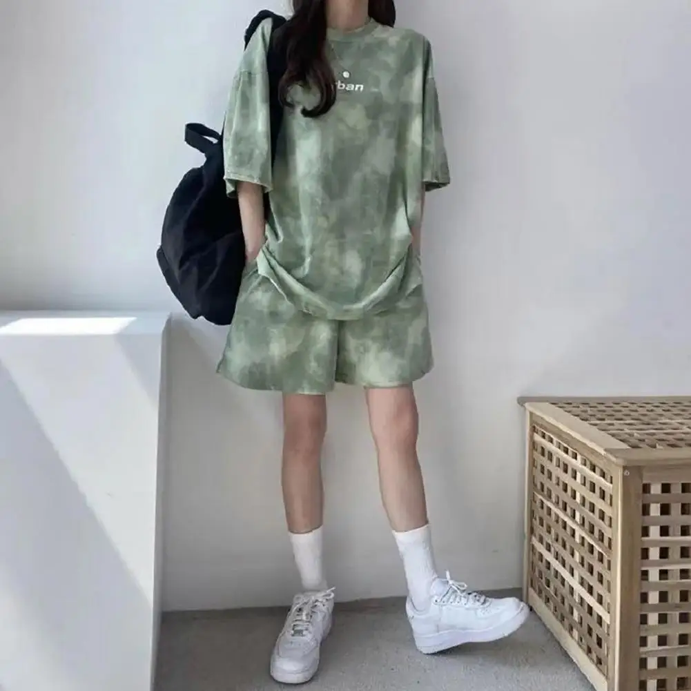 2 Pcs/Set Women T-shirt Shorts Set Tie-dye Loose Loose Mid Length Top Mini Shorts Loose Fit Top Mini Shorts Plus for Women