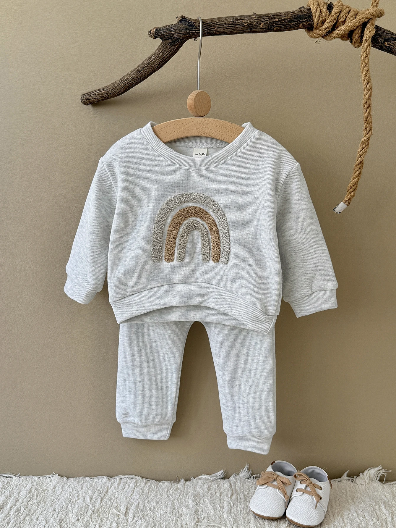 Heather Gray Baby Towel Embroidery Rainbow Crew Neck Sweatshirt 2Pcs Set Spring Toddler Stretch Knit Jogger Outfit