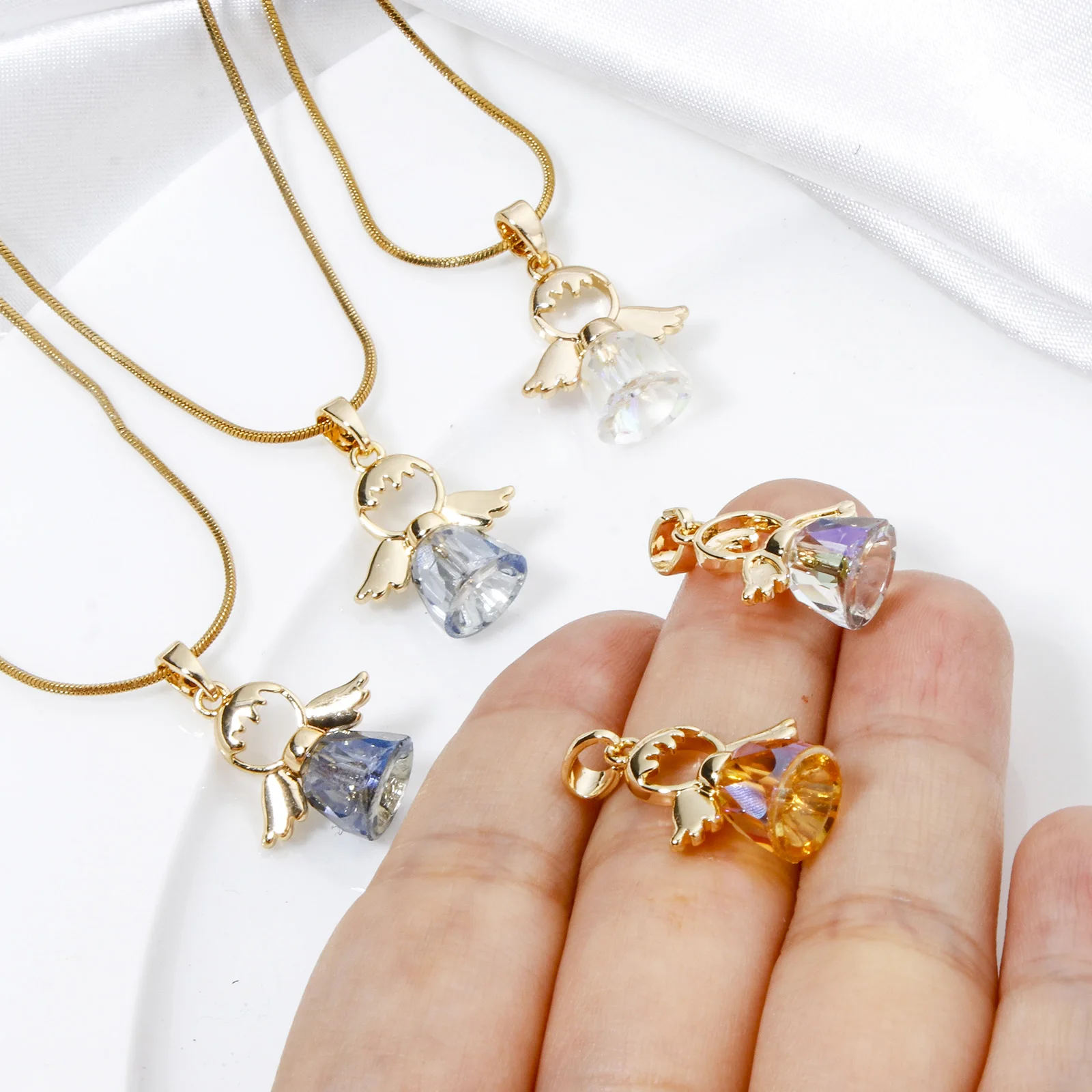 1pc Brass & Glass Religious Charm Pendant 18K Gold Plated Angel Fashion Necklace Pendants for Jewelry Making 22mm x 16mm