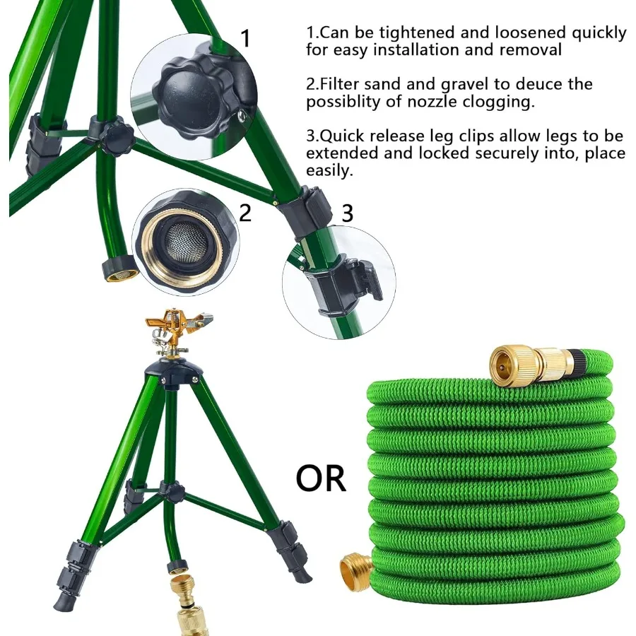 Aspersor de impacto de latón resistente con base de trípode con cobertura rotacional de 0360 grados para riego de césped y jardín grande