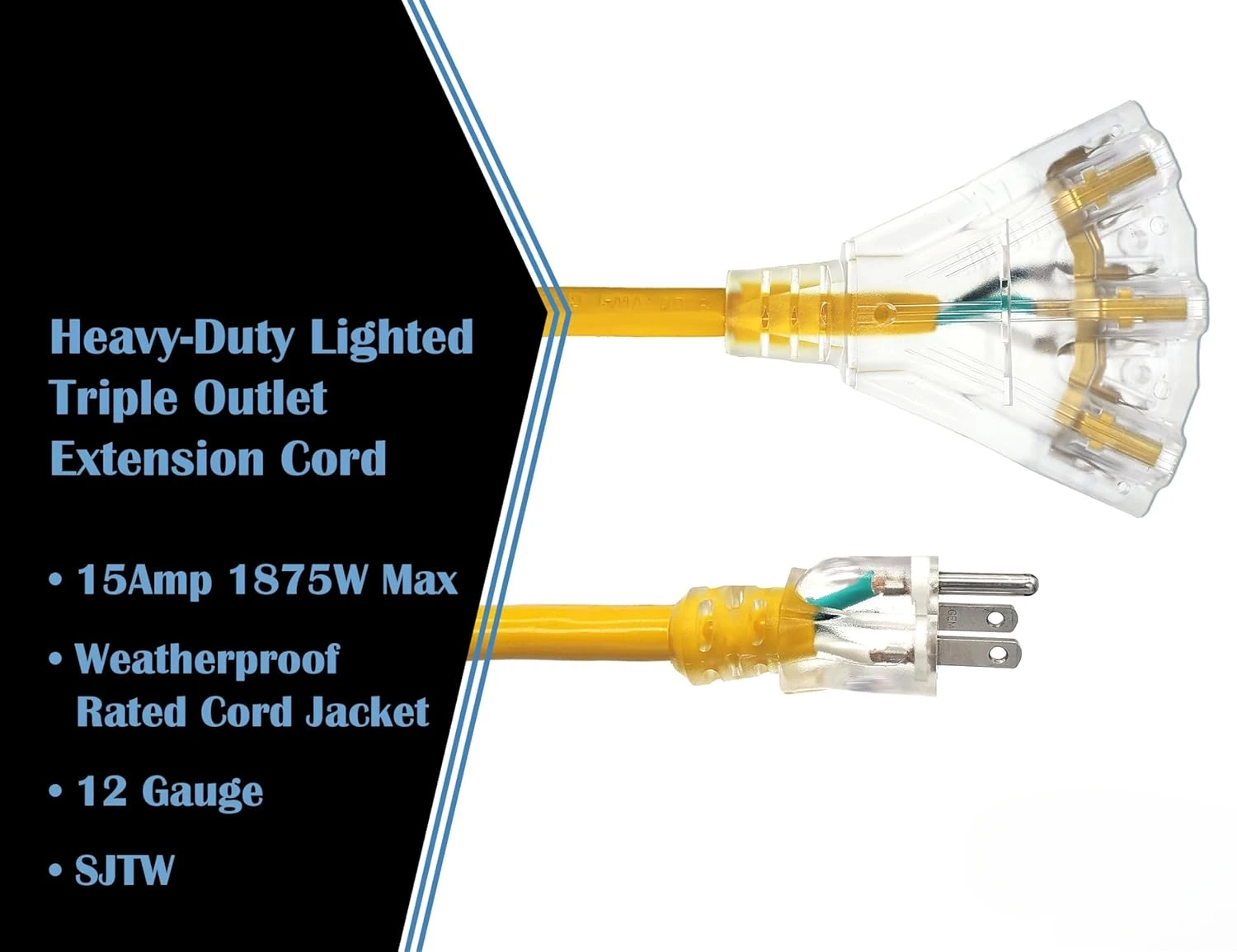 100 ft - 12 Gauge Heavy Duty Extension Cord - 3 Outlet Lighted SJTW - Indoor/Outdoor Extension Cord