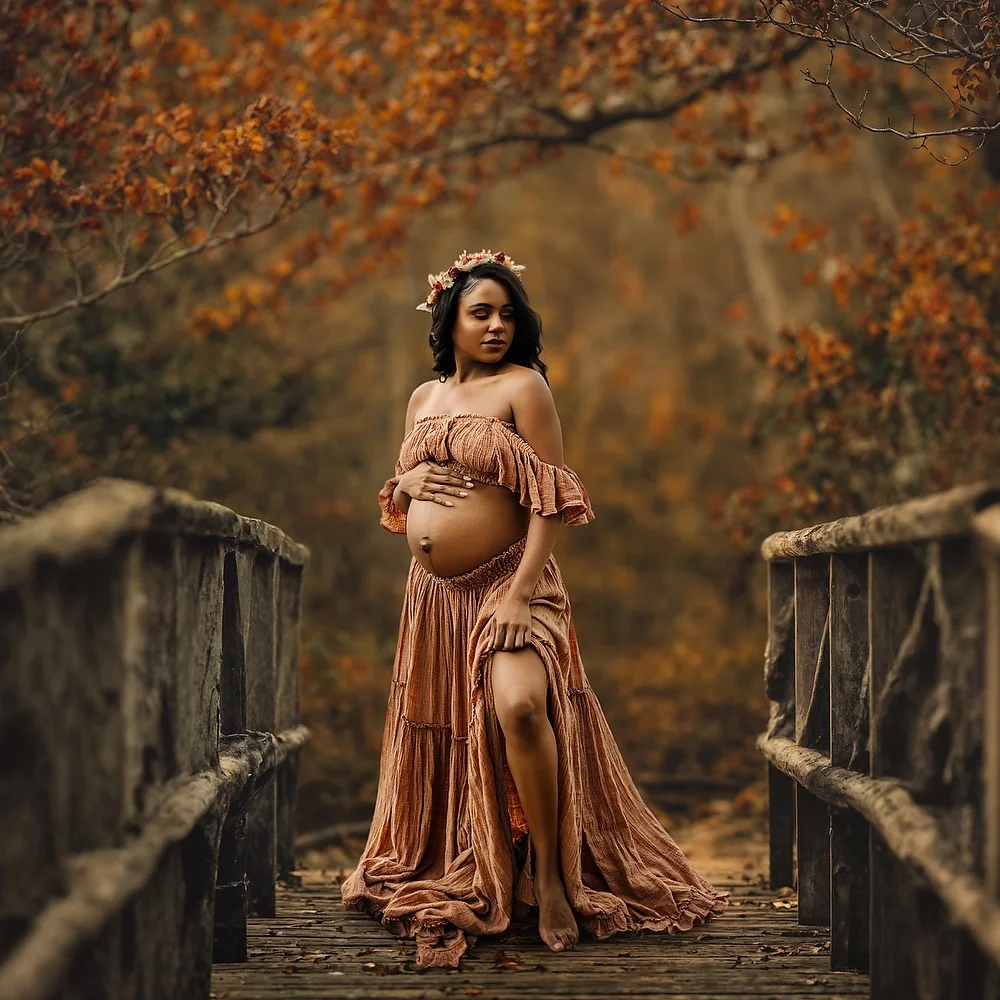 ﻿   البوهيمي صور اطلاق النار فستان الحمل مريح لينة الكتان القطن مجموعة للنساء الحوامل صور الأمومة فستان قطعتين