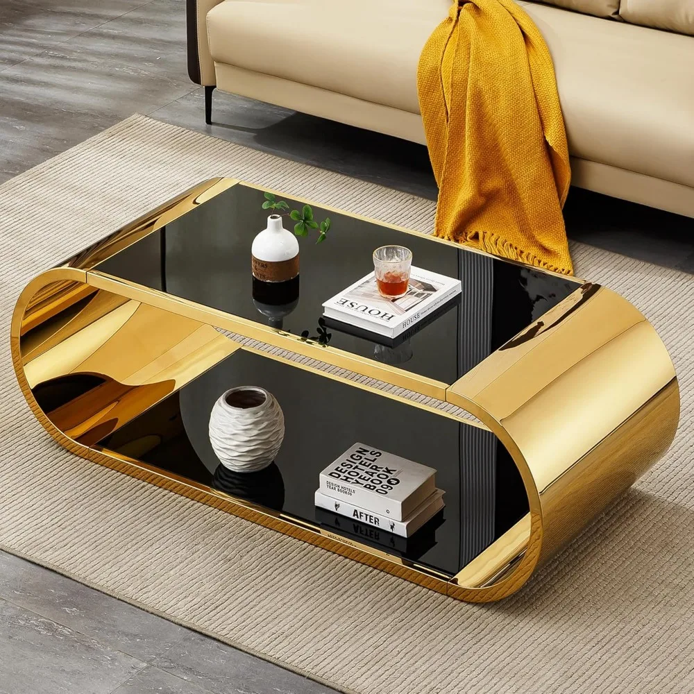 

Luxury Glass Coffee Table, Black Modern Living Room Table with Tempered Glass Top & Stainless Steel Frame Oval Center Tables