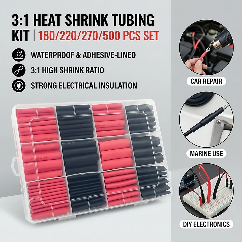 180/220/270/500PCS 3:1 Heat Shrink Tubing Assortment Polyolefin Wire Cable Sleeves Insulation Wrap Pre-Cut Shrink Tube