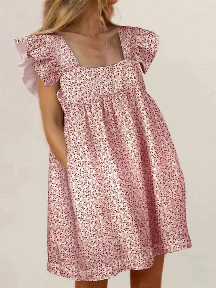 Minivestido con volantes para mujer, Vestidos bonitos con cuello cuadrado y bolsillos, Vestidos elegantes con manga de mariposa para fiesta en la playa, Vestidos femeninos ZU4Y