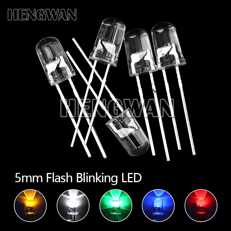 50 sztuk 5mm biały zielony czerwony niebieski żółty dioda elektroluminescencyjna automatyczne miganie LED kontrola błysku miga 5 mm 1.5HZ
