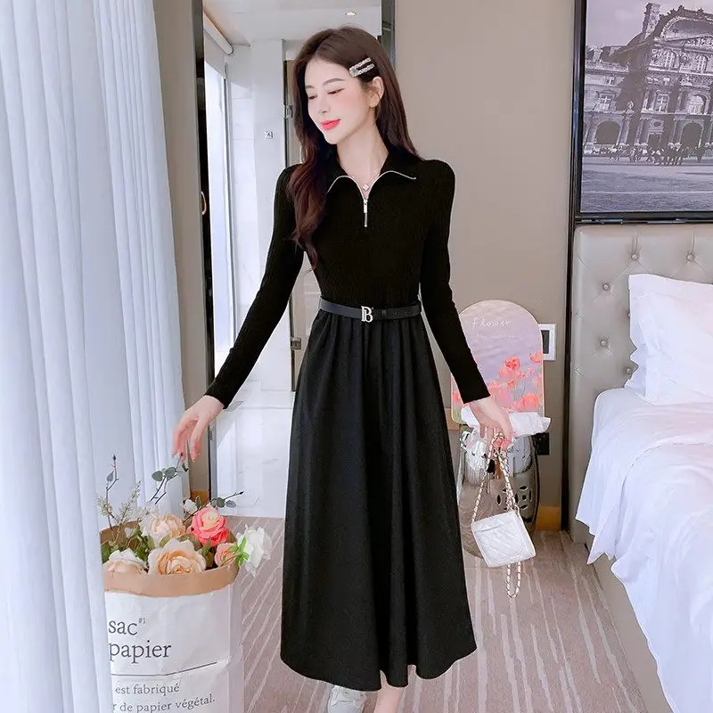 Fashionable And Elegant Knit Dress 2023 Autumn Winter New Korean Edition Zip Collar High Waist Slim Long Sleeve Long Dress Z2882