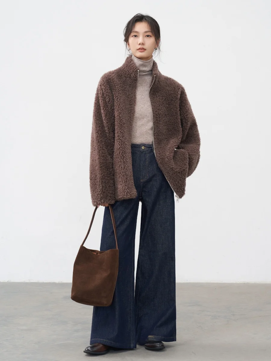 

JANEON Lamb Velvet Stand Collar Jaet Women's Autumn Winter Inteated Loose Versatile ort Furry Outerwear