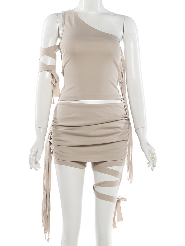 Weird Puss Sexy Quasten-2-Teiler-Set für Damen, schräge Schultern, Bandage-Weste + elastische Taille, klassische Falten, kurzer Mitternachts-Hottie-Anzug – Detail 3