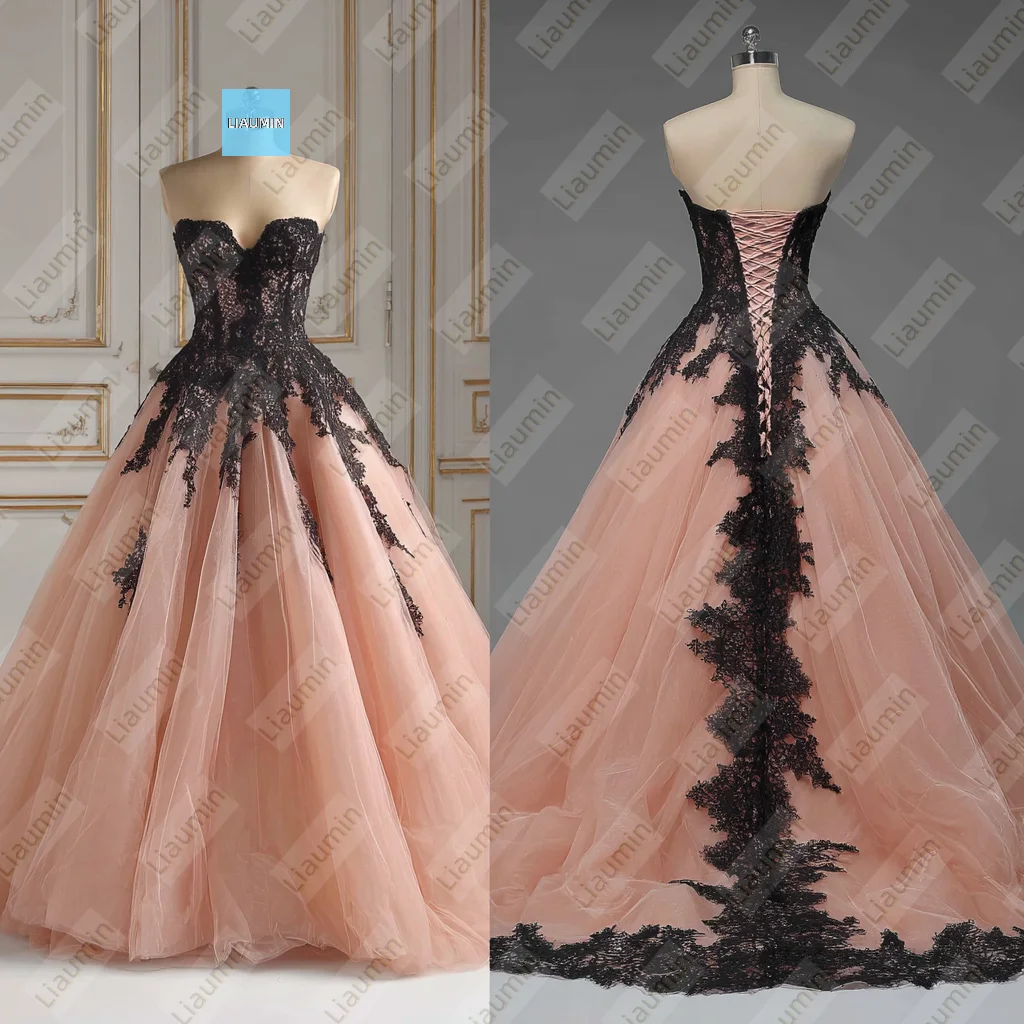 

Pink Tulle Black Lace Applique Strapless Floor Length With Train Evening Prom Wedding Formal Dress Lace-up Customized A7-1.50