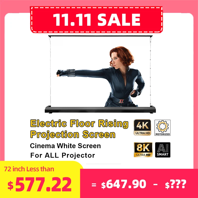 Newly Upgraded Electric Floor Rising Projection Screen Tab-Tensioned Motorized 72-150inch Cinema White 4K/8K For All Projectors