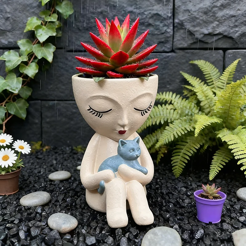 Simple Sitting Posture Girl Holding Cat FlowerPot Creative Succulent Plant Vase Container Outdoor Courtyard Garden Decoration