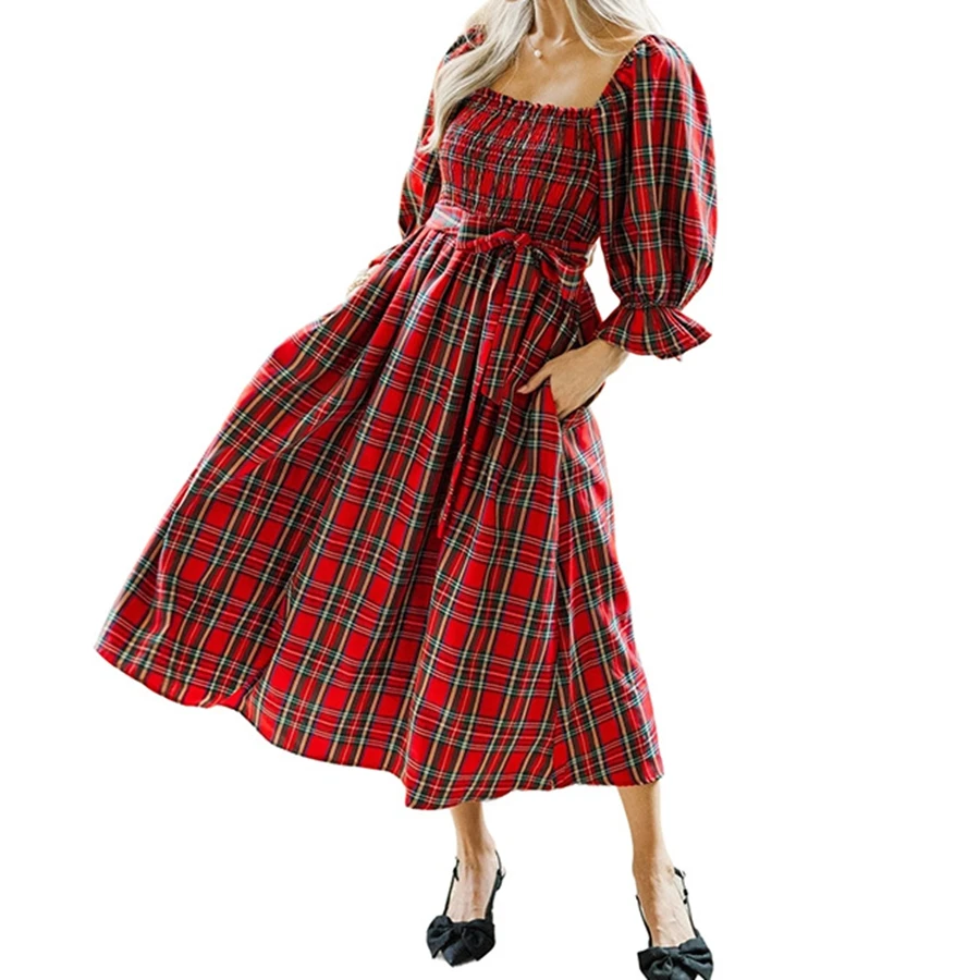 فستان نسائي صيفي خريفي طويل عتيق بأكمام منتفخة ورقبة مربعة وخصر عالي منقوش #3