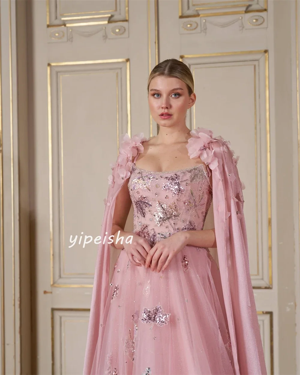 Luxurious sequined flower ball A-line square neck custom dress, long skirt, luxurious dress, showcasing aristocratic style