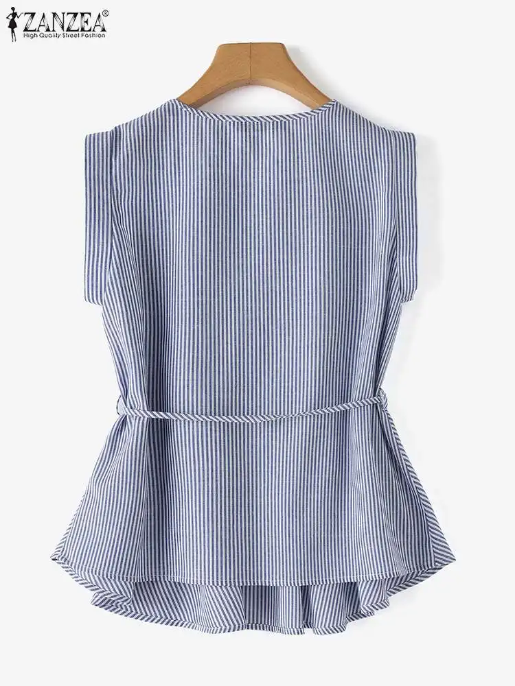 ZANZEA Women Striped Blouse 2024 Summer Peplum Tops Fashion Korean Short Sleeve Ruffle Blusas Casual Loose Bandage Holiday Shirt