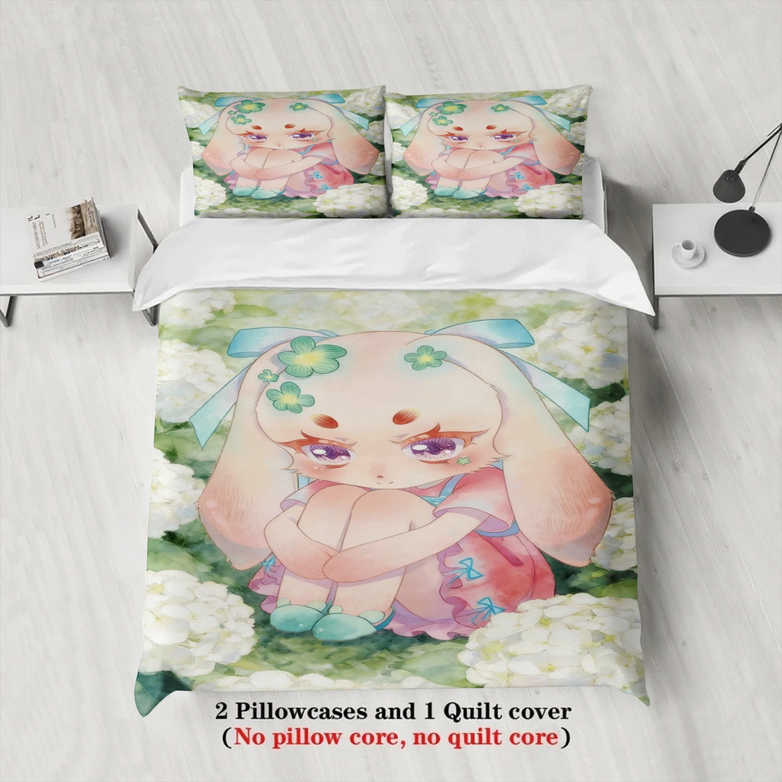 Softville Cozy Town 3PCS Bedding Sets Lop Rabbit Resting In Flower Grassla Pint Duvet Cover No filling Cartoon Style Queen Size