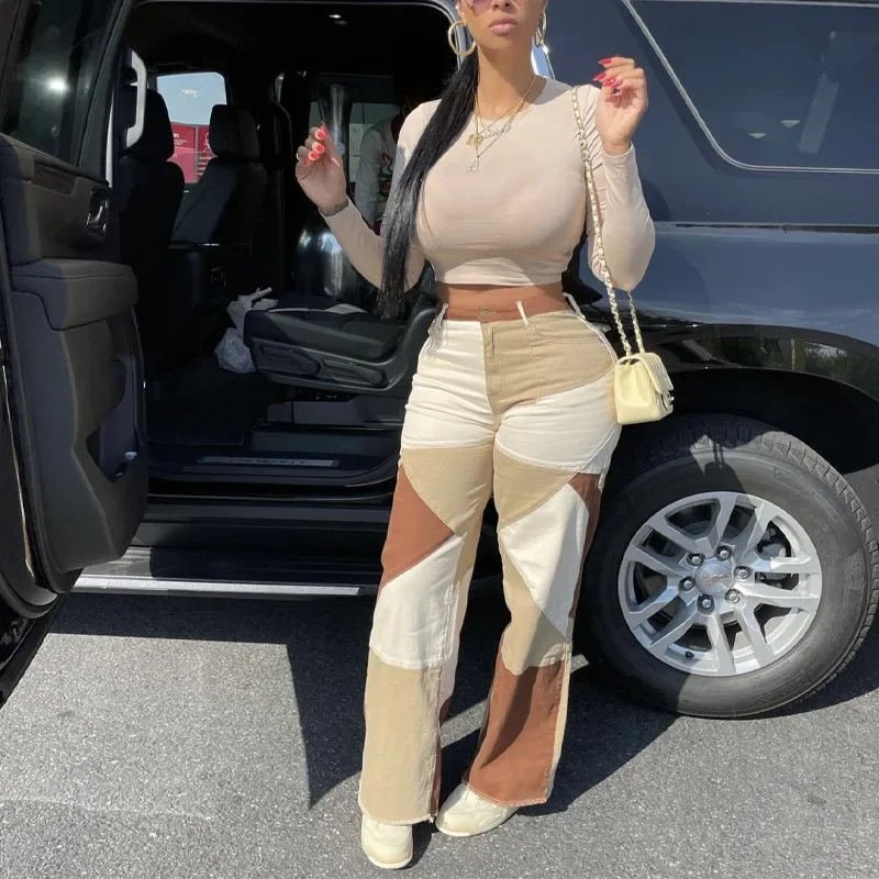 2025 New Fashion Patchwork Jeans for Women in Autumn. European and American Style Street Loose and Casual High-waisted Jeans