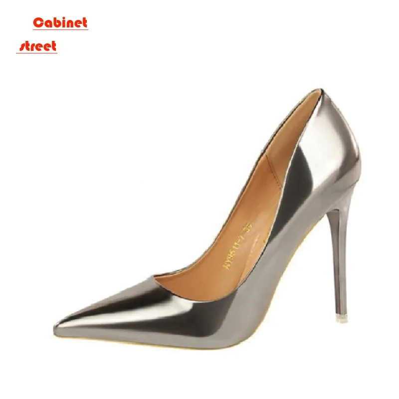 

New Style Women's Heels Metal Sparkle High Shoes with High Heels Shallow Mouth Pointed Sexy Nightclub Show Thin Single Pumps