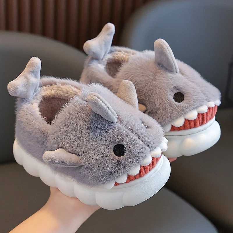 Winter Heel Wrap Cotton Slippers Children\'s Cute Cartoon Shark Non-slip Soft Sole Kids Boys Girls Junior Warm Plush Home Shoes