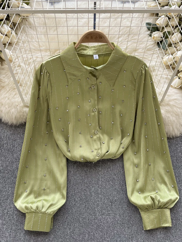 

Women Vintage Casual Loose Office Shirt Spring/summer Lapel Long Sleeved Single Breasted Studded Diamond T-shirts