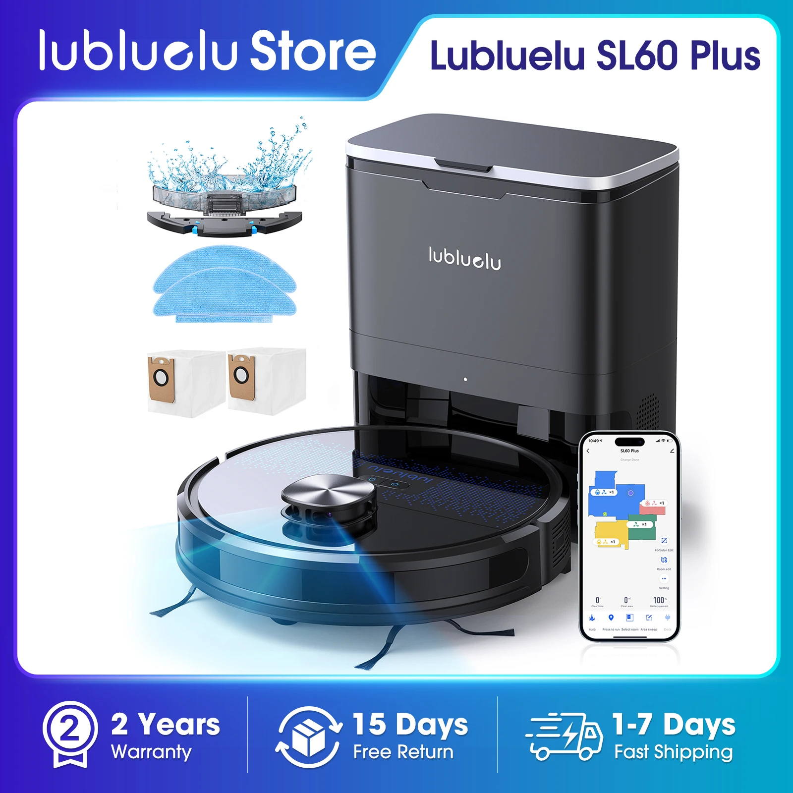 Lubluelu SL60 Plus Robot aspirateur auto-vidant, mains libres jusqu'à 60 jours, aspirateur robot 4500pa et vadrouille Combo aspirateur robot 3 en 1