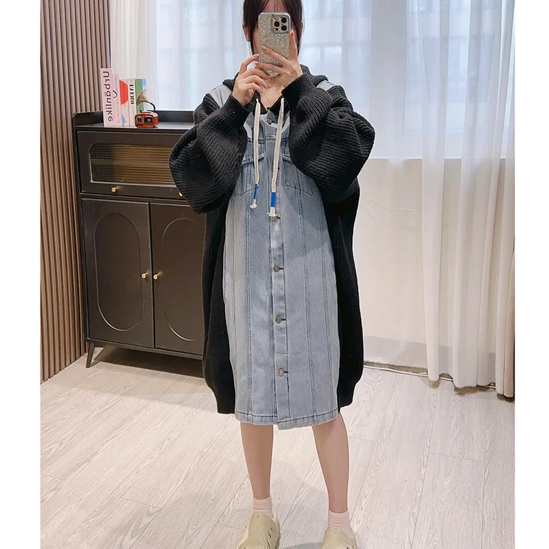 SuperAen Denim Patchwork Sweater Coat Women 2024 Autumn Winter New Fashion Design Long Hooded Knitting Cardigan Casual Coat