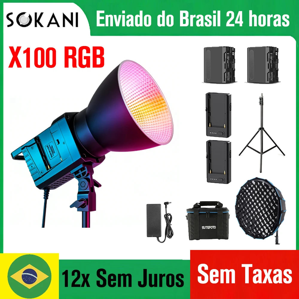 DO Brasil) Kit Iluminador LED Sokani X100 Lite X100 RGB Luz de Vídeo Luz de Preenchimento para TikTok YouTube Live Vlog Estúdio