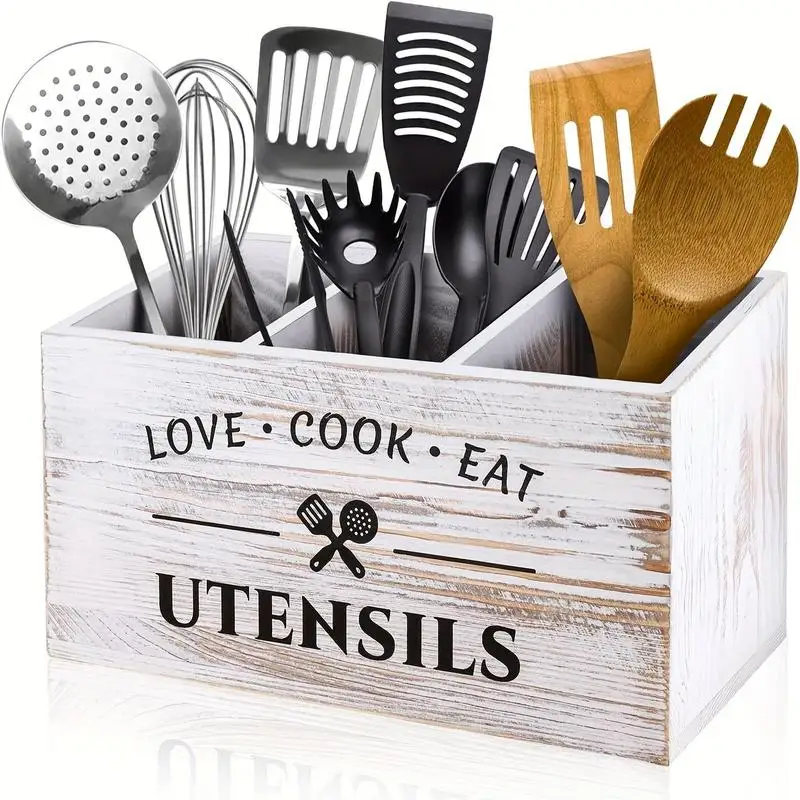 

Kitchen Utensil Organizer Storage Box, 1 Count Wooden Kitchen Gadgets Utensil Holder, Desktop Spoon Cutlery Storage Box