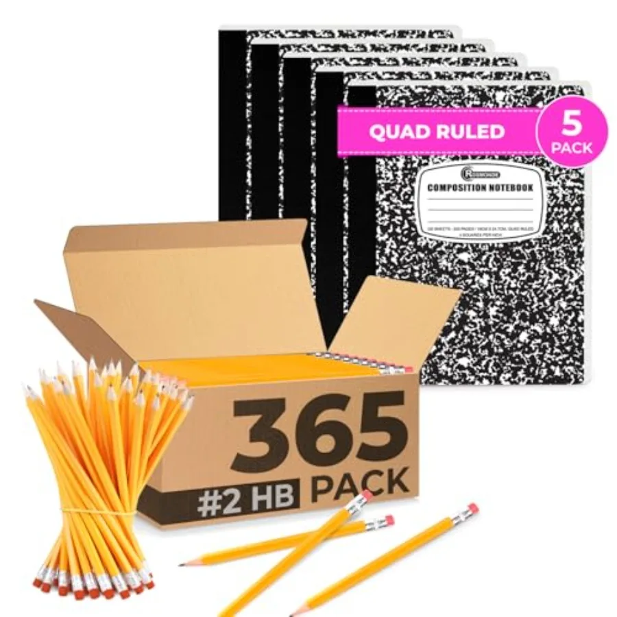 

Graph Paper Composition Notebooks 5 Pack 200 Pages and 365 Pack Pre Sharpened Pencils #2 Pencils With Top Erasers Quad Ruled No