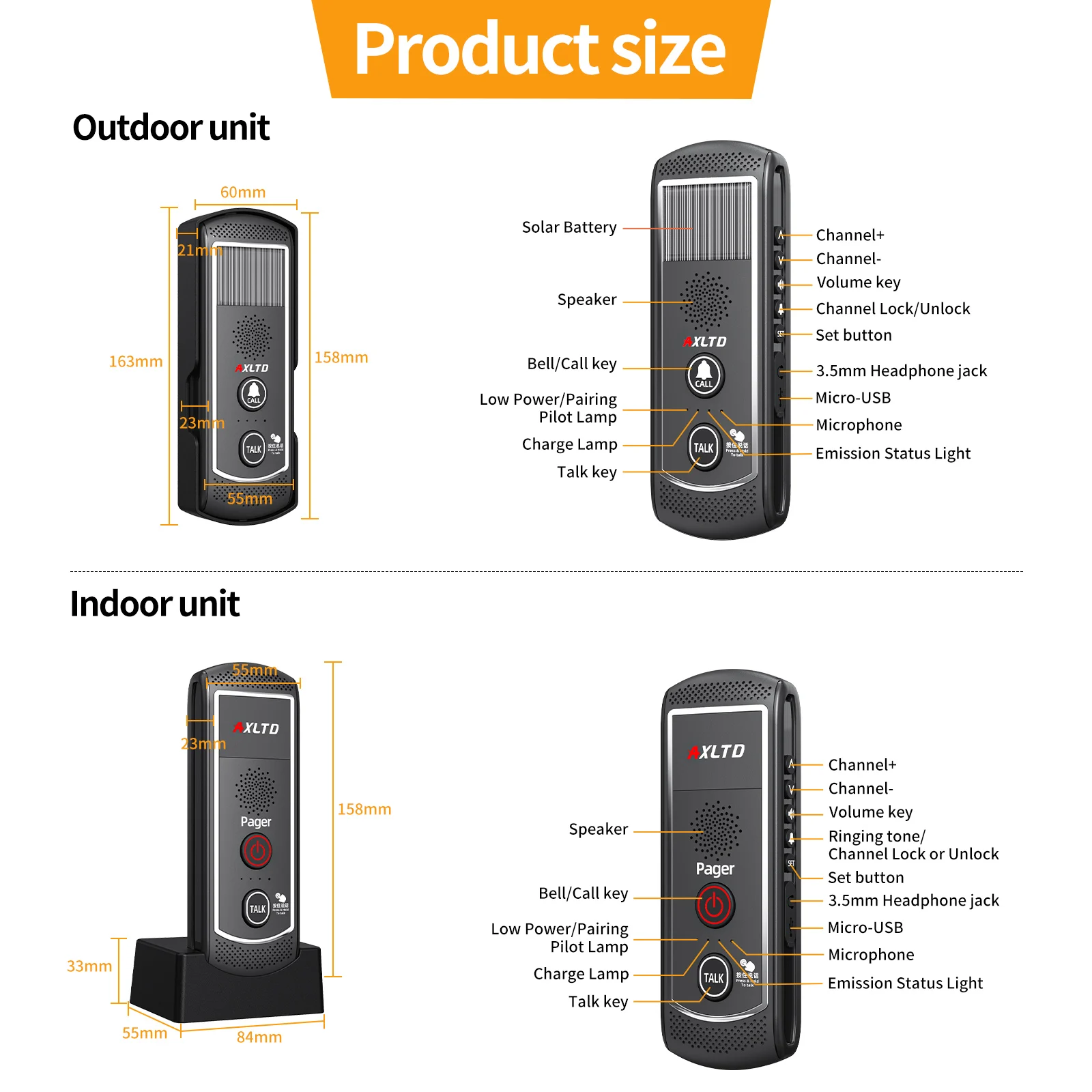 Sistema de intercomunicación inalámbrico de 16 canales con energía Solar, timbre de puerta impermeable y timbre de intercomunicación para Walkie Talkie