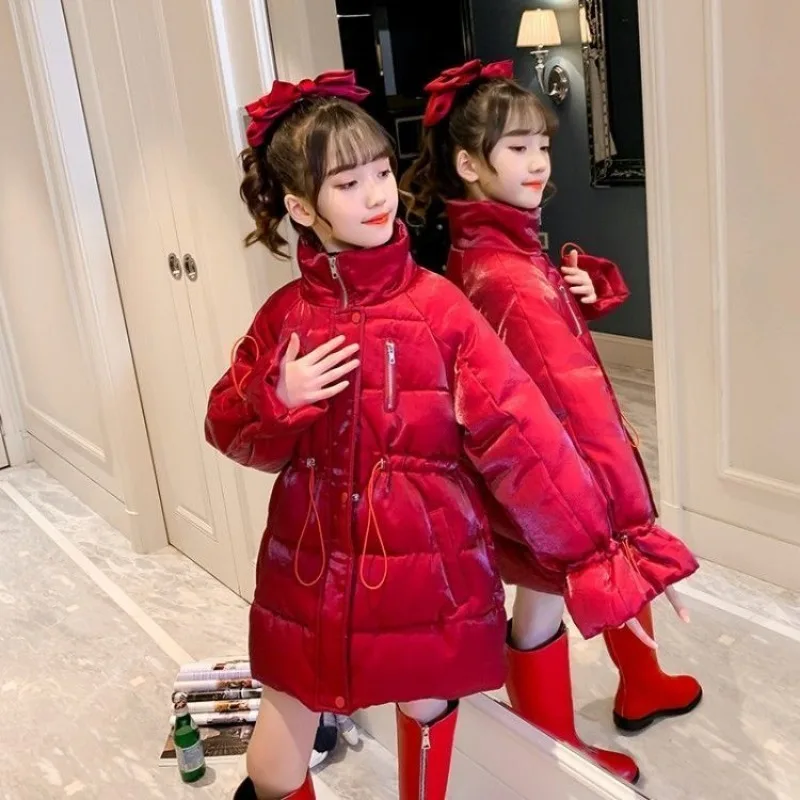 Kurtka zimowa dla dziewczynki, ocieplana, modna, wodoodporna, błyszcząca, z kapturem, odzież wierzchnia dla dzieci, parka dla nastolatek, rozmiar 6 lat.