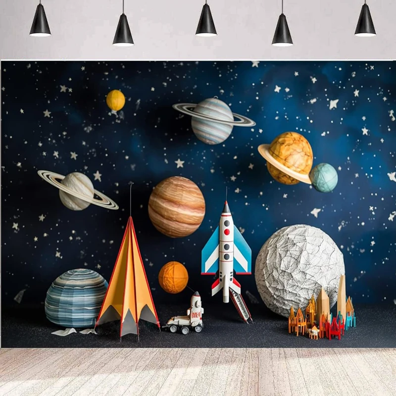 Outer Space Rocket Photography Backdrop For Alien Universe Galaxy Planet Stars Explore Space Background Wall Birthday Party