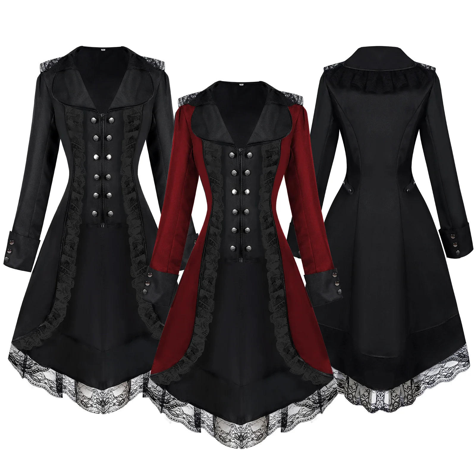 

Medieval Steampunk Women's Tailcoat Lace Splice Button Trench Coat Victorian Drawstring Slim Tuxedo Windbreaker Lady Swallowtail