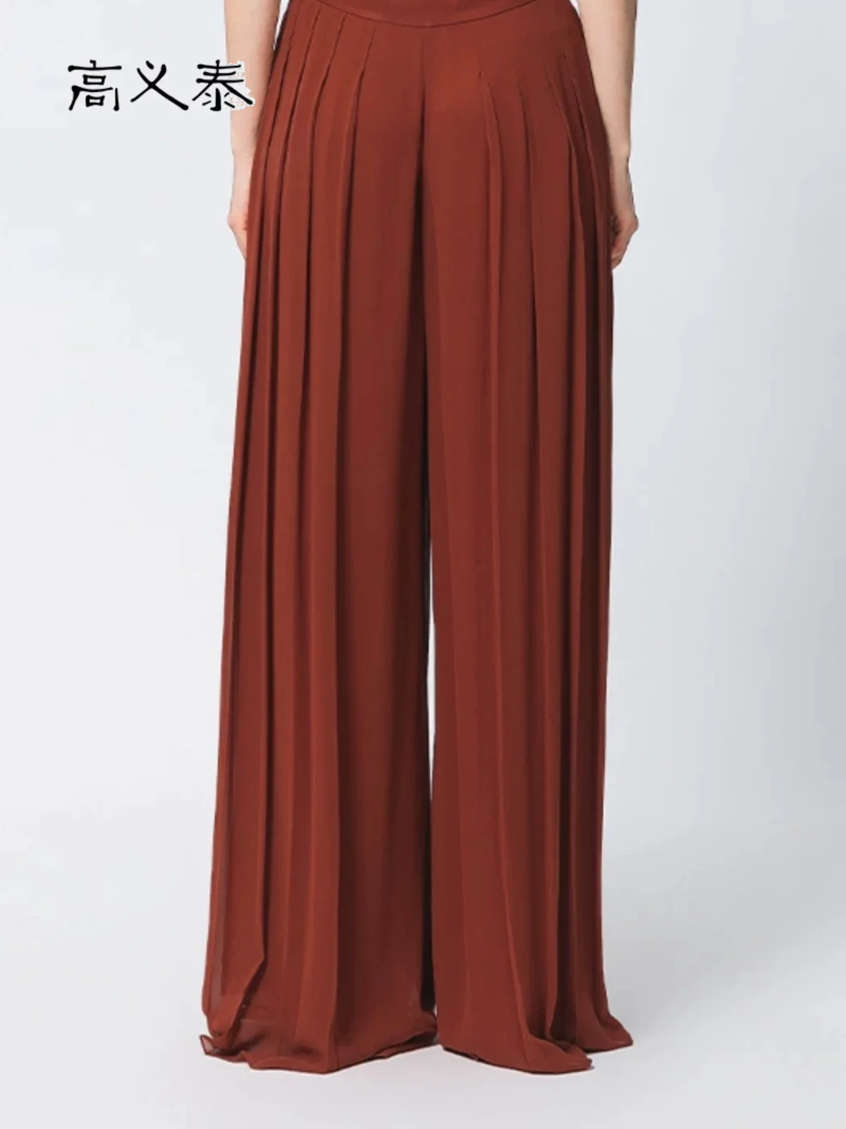 

Gao Yitai, двухслойные брюки из 100% чистого шелка из жоржета, светлые и мягкие, красновато-коричневые, плиссированные широкие брюки в стиле ретро на лето.KY016