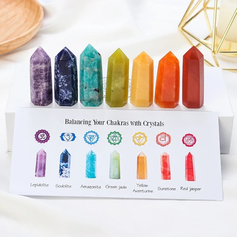

Hexagonal Crystal Point Set Box 7Pcs Healing Chakra Gemstone Column Beads 4-5CM In Gift Display for Home Office Decor