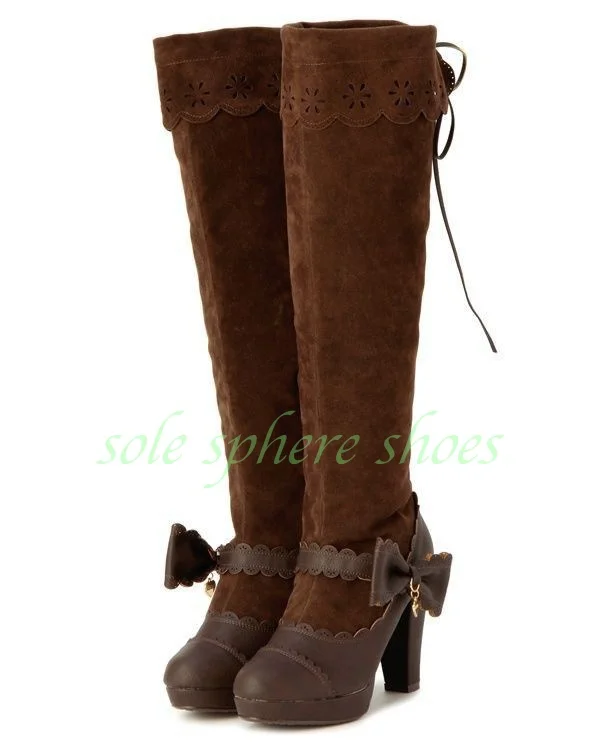 Lady daim découpé noeud papillon bottes au genou talon épais élégant marron foncé daim dentelle conception robe Lolita bottes élégantes Pu noeud papillon taille