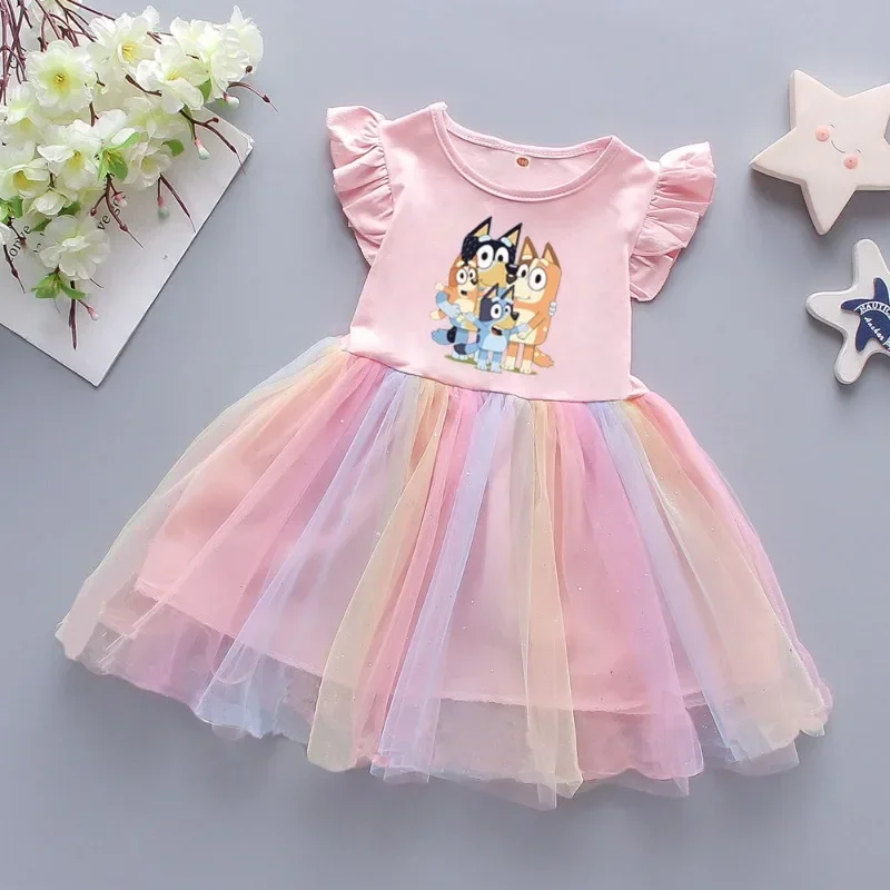 

Bluey Girls Summer Dress Kids Short Sleeve Tutu Dress Children Rainbow Princess Dress Tulle Skirt Casual Cute Party Costume