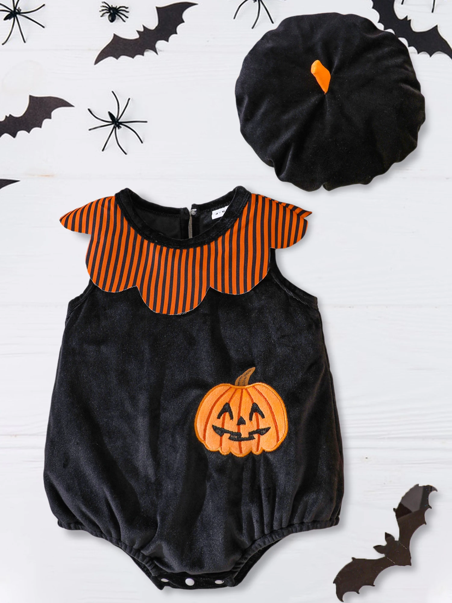 ชุดแฟนซีฮาโลวีนน่ารักสำหรับเด็กเล็ก ลายปักรูปฟักทอง แมงมุม ค้างคาว ลายดอกไม้ แขนกุด พร้อมหมวก ชุด 2 ชิ้น สำหรับเด็กผู้หญิง