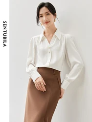 SENTUBILA Casual V Neck Shirt Women 2024 Autumn Texture Single Breasted Long Sleeve Office Lady Simple Solid Blouse 143V57054