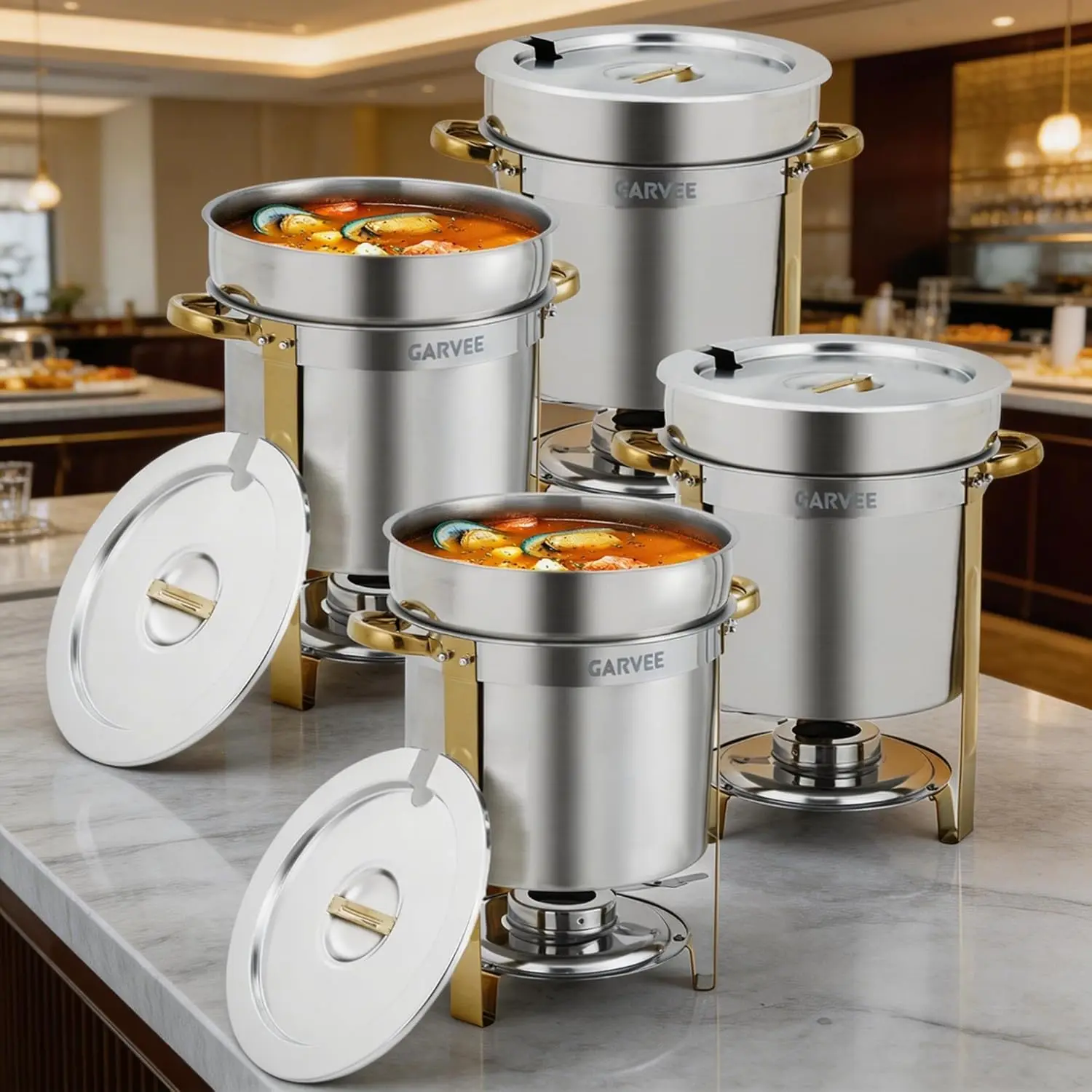 

11QT Soup Chafer Set, 2 Pack/4 Pack Stainless Steel Round Food Warmers Set with Pot, Notched Lids & Fuel Holders, Soup Warmers Ideal for Buffet Service & Event Catering