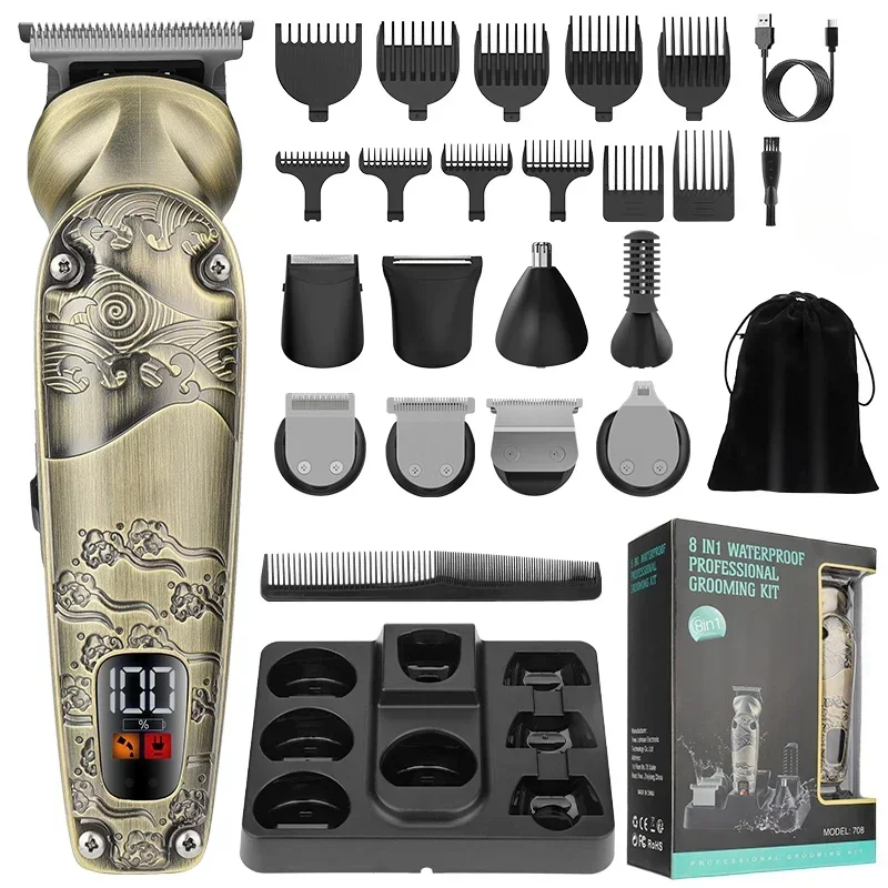 

2024 New Professional IPX6 Waterproof 8 in 1 Hair Clipper Set Resuxi 708 Men Rechargeable Cordless Beard Hair Trimmer